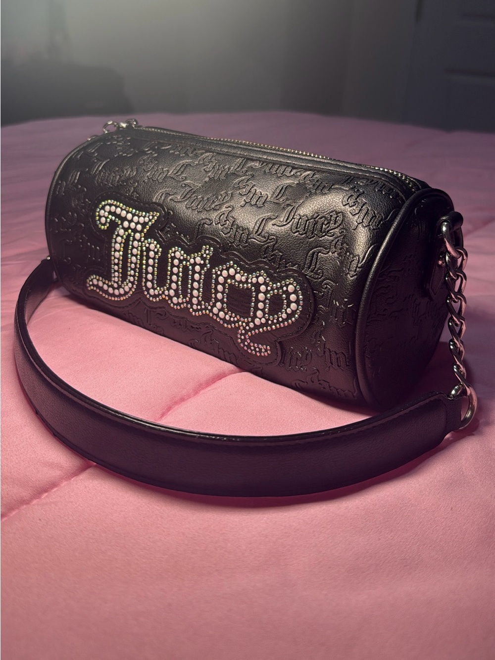 Juicy Couture Black Embossed Barrel Bag with Crystal Logo Detail